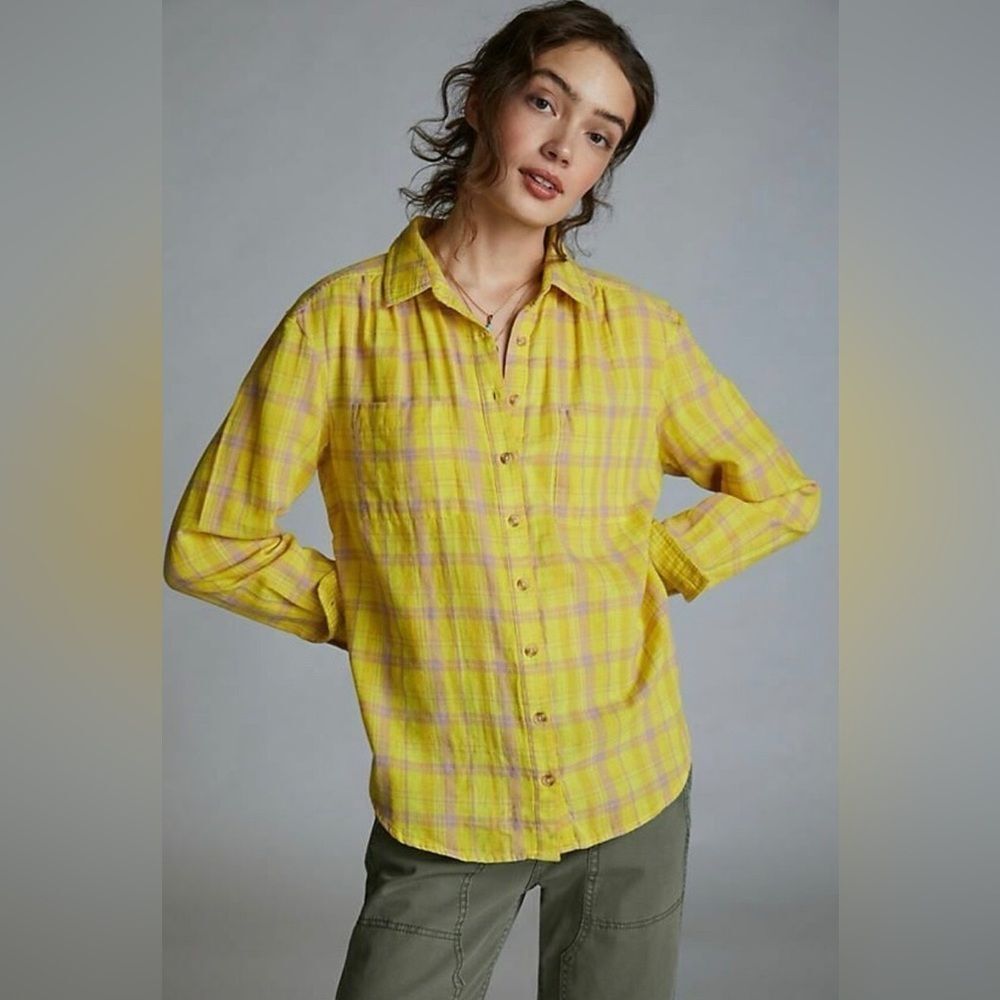 Anthropologie Seen Worn Kept Romy Yellow Plaid Relaxed Button-down Shirt Sz 10